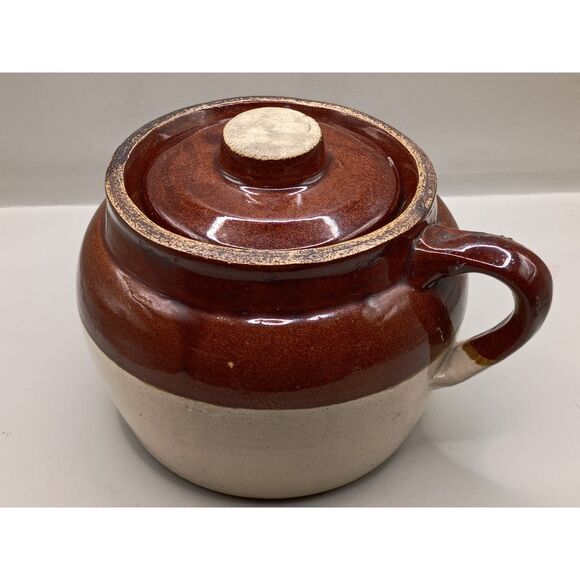 Antique Small Bean Pot Single Handle Stoneware Crock Brown Cream USA Crockery - Picture 3 of 15
